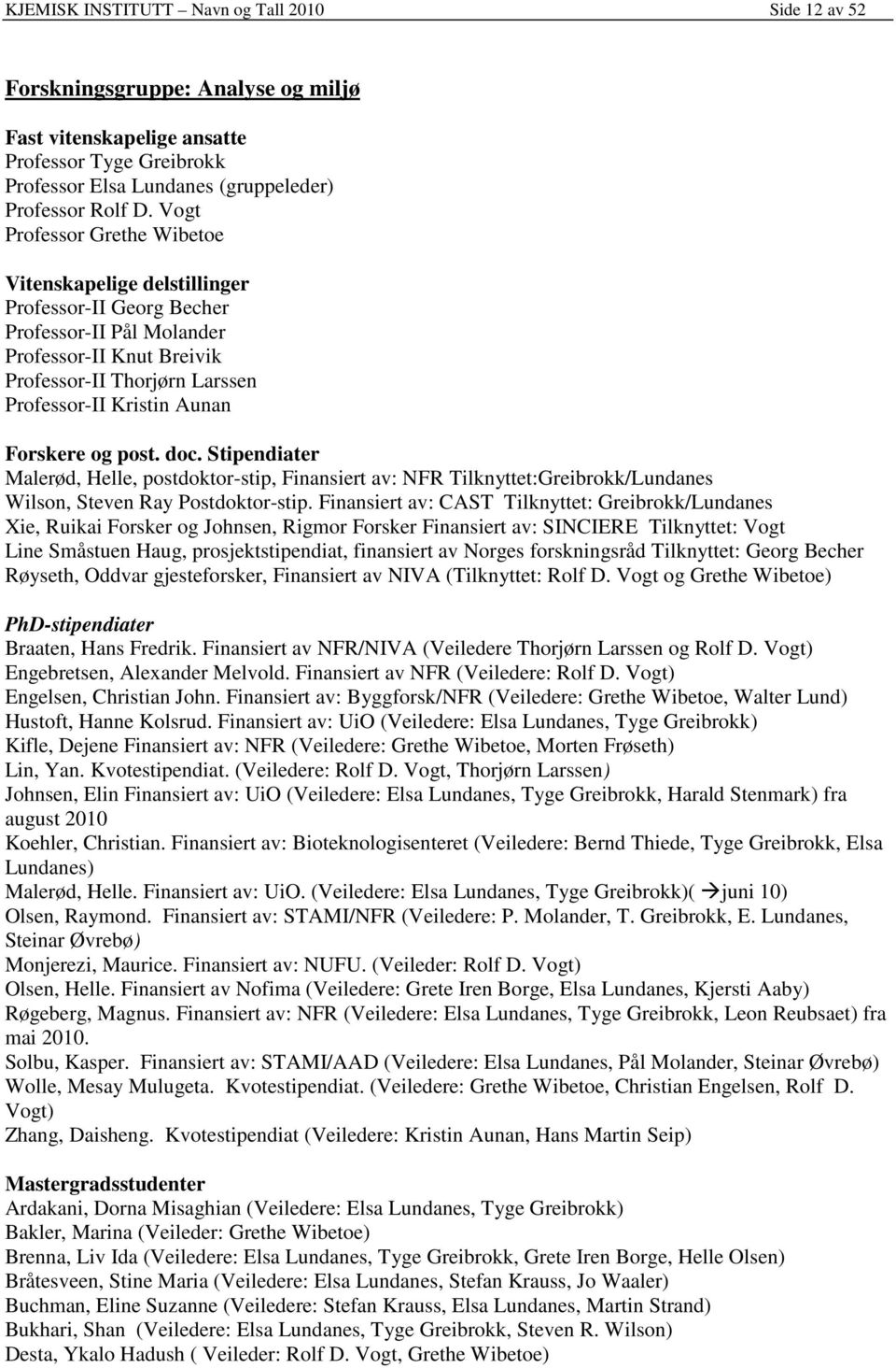 Forskere og post. doc. Stipendiater Malerød, Helle, postdoktor-stip, Finansiert av: NFR Tilknyttet:Greibrokk/Lundanes Wilson, Steven Ray Postdoktor-stip.