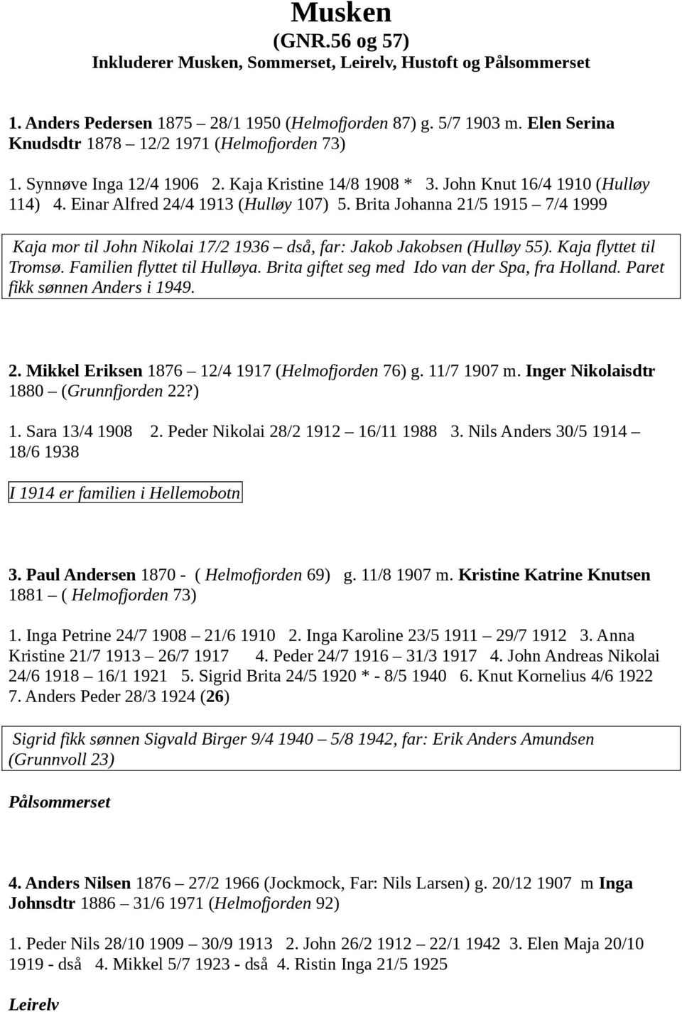 Brita Johanna 21/5 1915 7/4 1999 Kaja mor til John Nikolai 17/2 1936 dså, far: Jakob Jakobsen (Hulløy 55). Kaja flyttet til Tromsø. Familien flyttet til Hulløya.