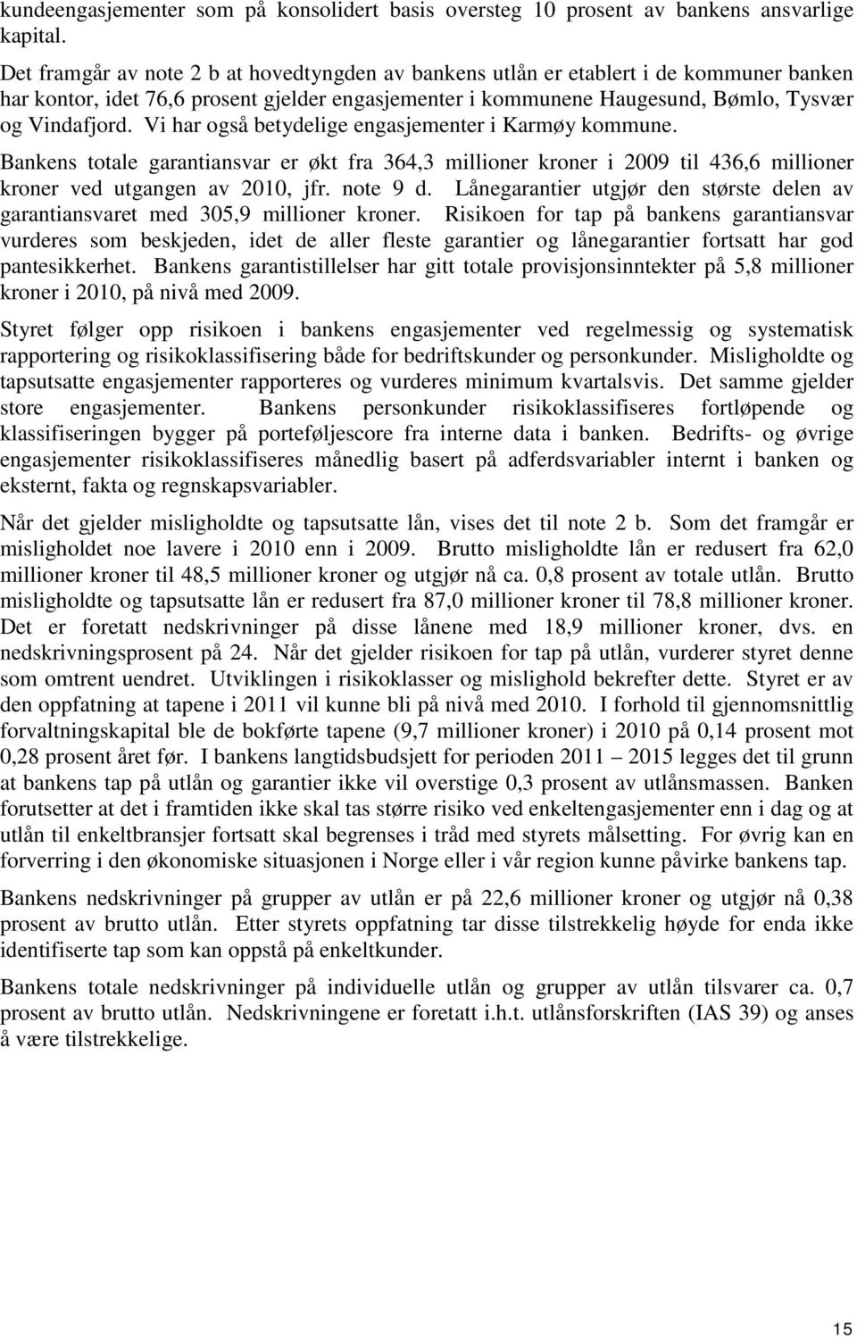 Vi har også betydelige engasjementer i Karmøy kommune. Bankens totale garantiansvar er økt fra 364,3 millioner kroner i 2009 til 436,6 millioner kroner ved utgangen av 2010, jfr. note 9 d.