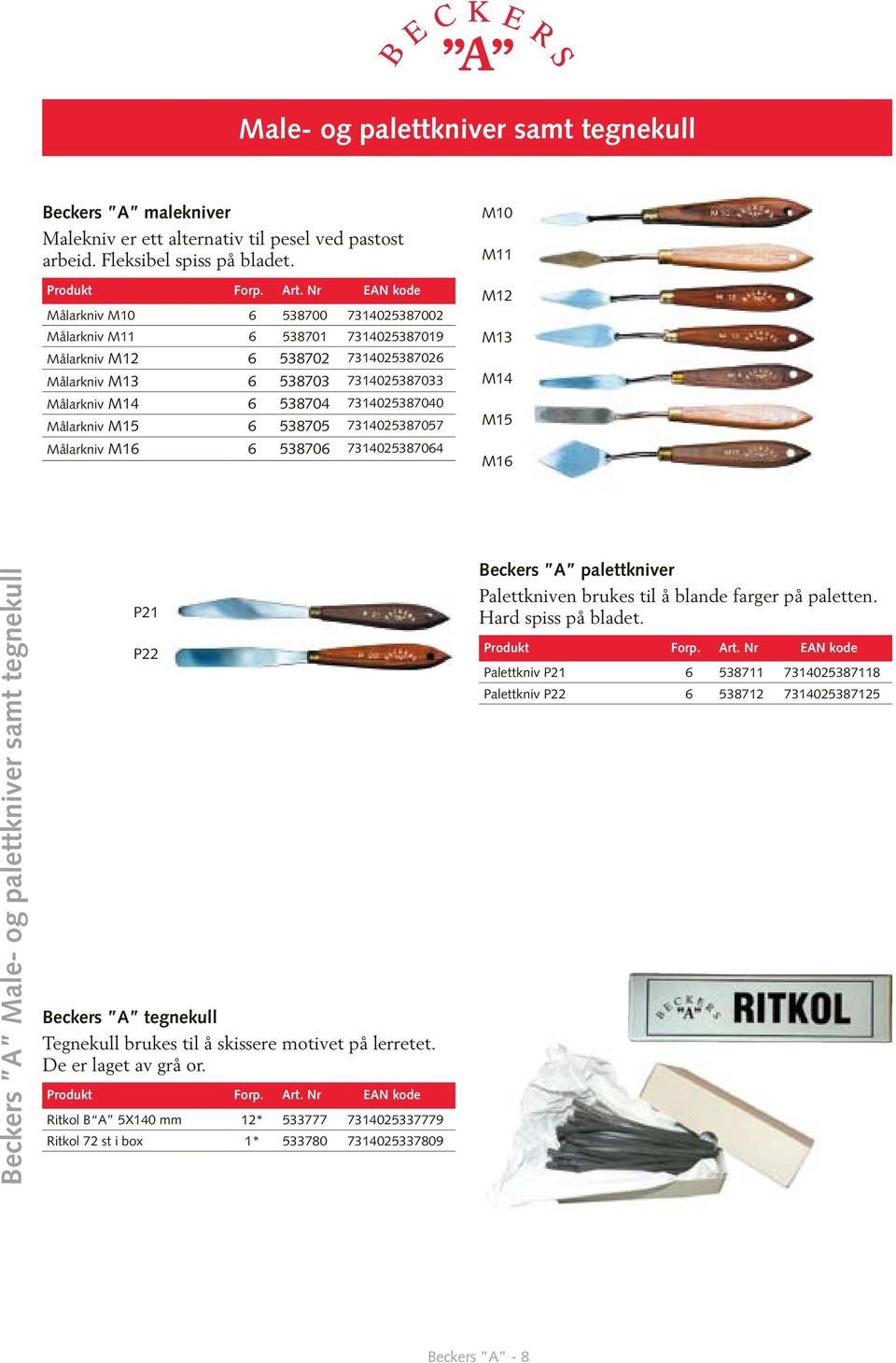 Målarkniv M15 6 538705 7314025387057 Målarkniv M16 6 538706 7314025387064 M10 M11 M12 M13 M14 M15 M16 Beckers A Male- og palettkniver samt tegnekull P21 P22 Beckers A tegnekull Tegnekull brukes til å