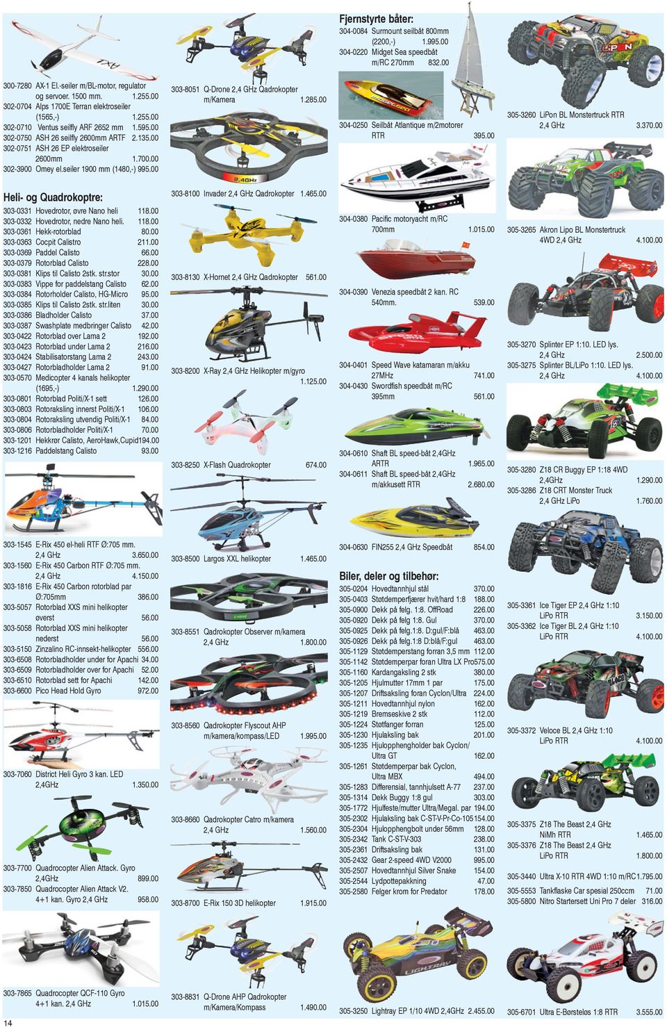 seiler 1900 mm (1480,-) 995.00 303-8051 Q-Drone 2,4 GHz Qadrokopter m/kamera 1.285.00 304-0250 Seilbåt Atlantique m/2motorer RTR 395.00 305-3260 LiPon BL Monstertruck RTR 2,4 GHz 3.370.