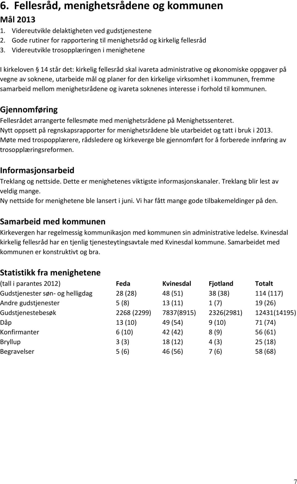 kirkelige virksomhet i kommunen, fremme samarbeid mellom menighetsrådene og ivareta soknenes interesse i forhold til kommunen.