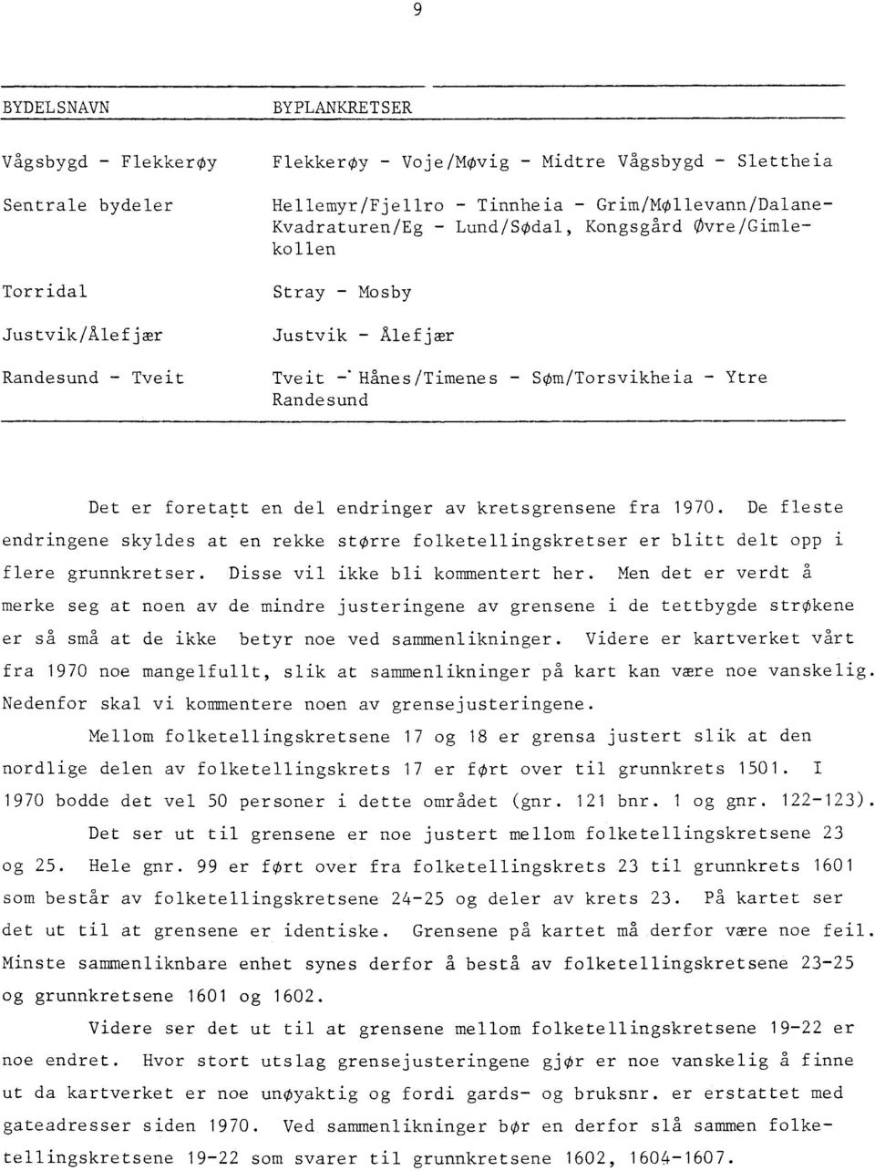 kretsgrensene fra 1970. De fleste endringene skyldes at en rekke storre folketellingskretser er blitt delt opp i flere grunnkretser. Disse vil ikke bli kommentert her.