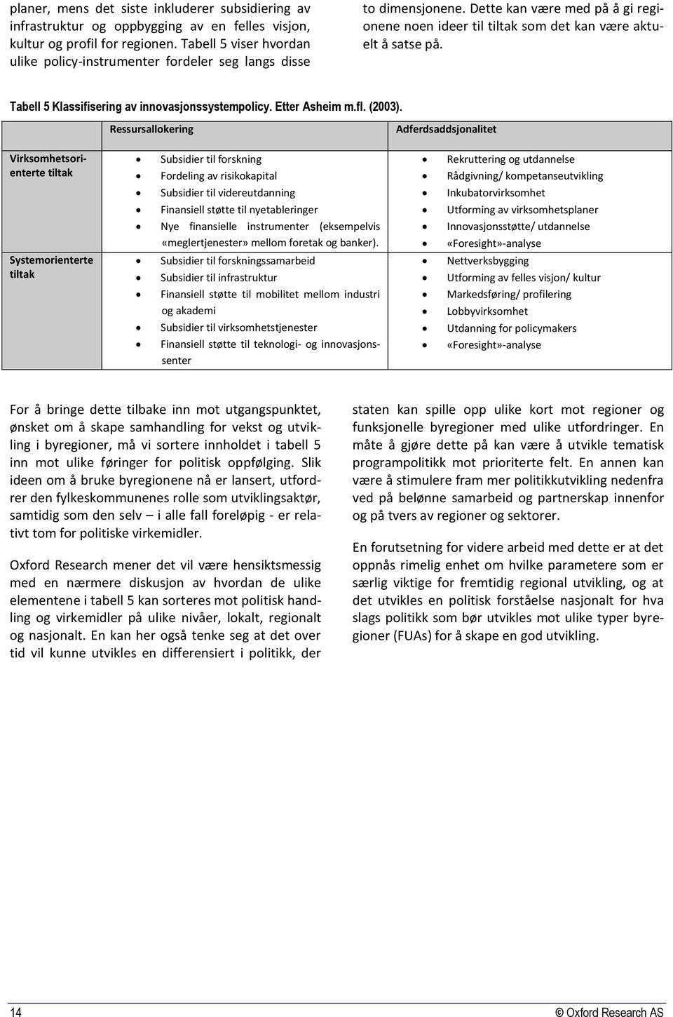 Tabell 5 Klassifisering av innovasjonssystempolicy. Etter Asheim m.fl. (2003).