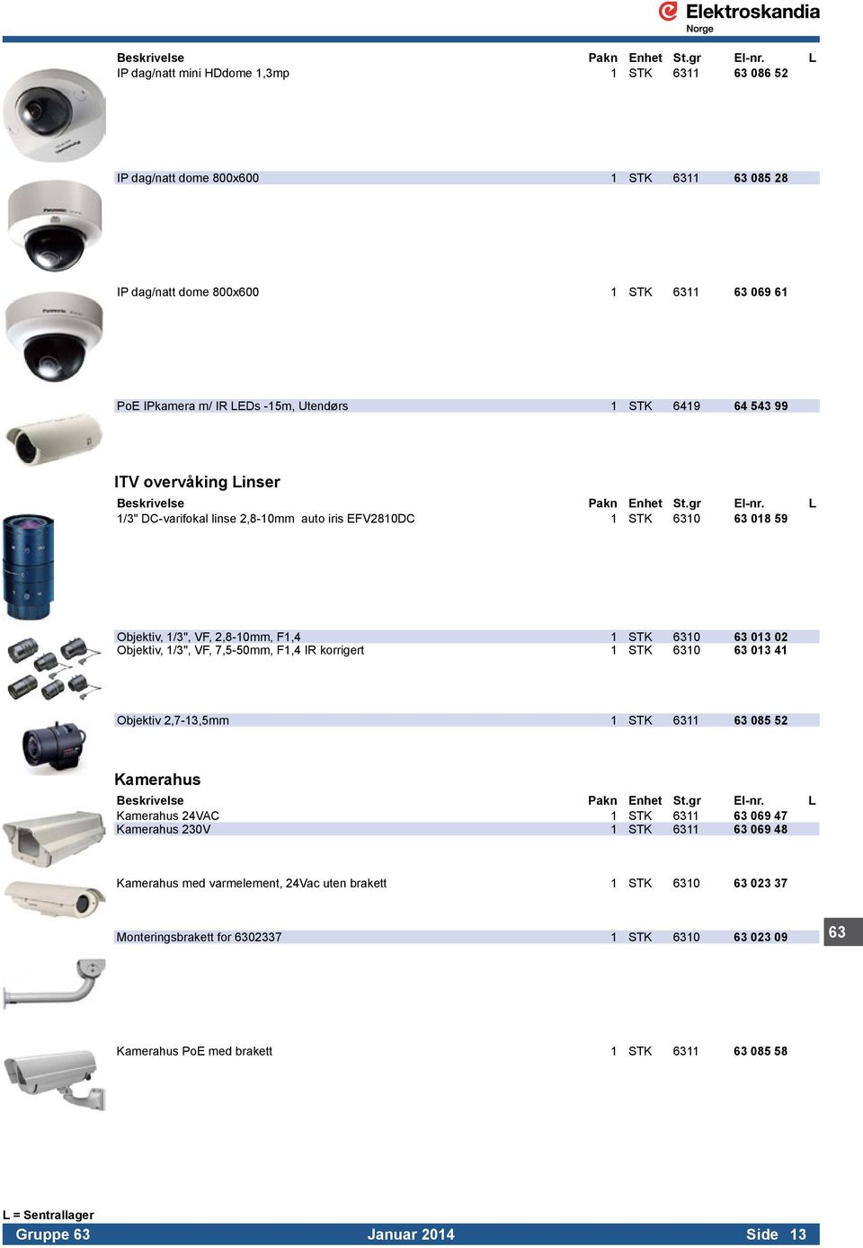 02 Objektiv, 1/3", VF, 7,5-50mm, F1,4 IR korrigert 1 STK 6310 63 013 41 Objektiv 2,7-13,5mm 1 STK 6311 63 085 52 Kamerahus Kamerahus 24VAC 1 STK 6311 63 069 47 Kamerahus 230V 1 STK