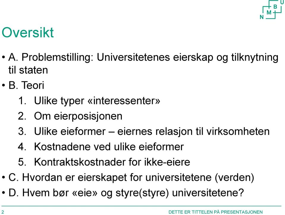 Ulike eieformer eiernes relasjon til virksomheten 4. Kostnadene ved ulike eieformer 5.