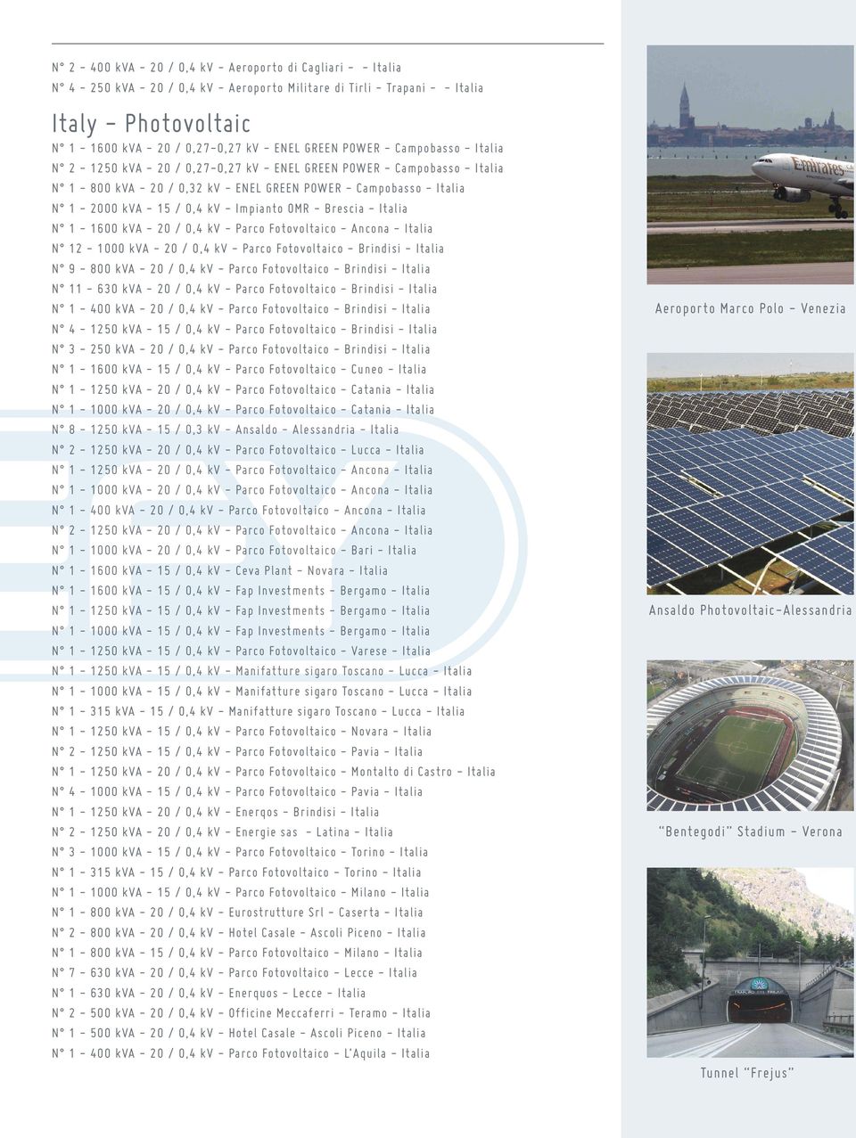 kv - Impianto OMR - Brescia - Italia N 1-1600 kva - 20 / 0,4 kv - Parco Fotovoltaico - Ancona - Italia N 12-1000 kva - 20 / 0,4 kv - Parco Fotovoltaico - Brindisi - Italia N 9-800 kva - 20 / 0,4 kv -