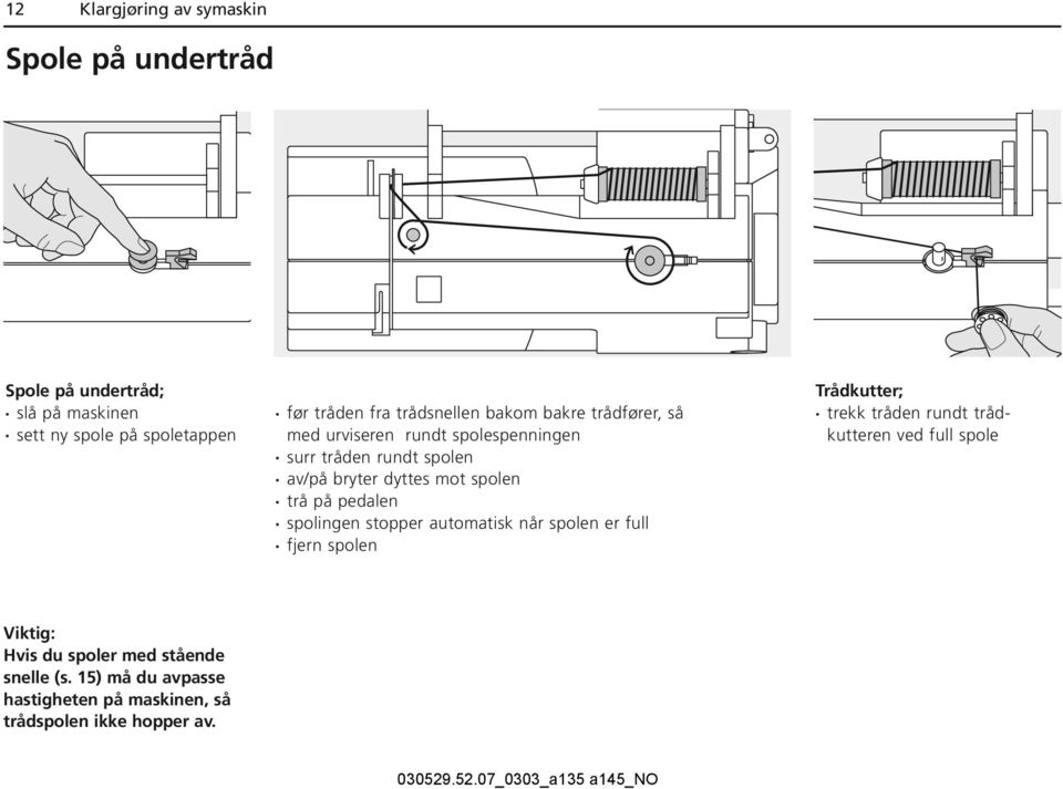 spolen trå på pedalen spolingen stopper automatisk når spolen er full fjern spolen Trådkutter; trekk tråden rundt trådkutteren