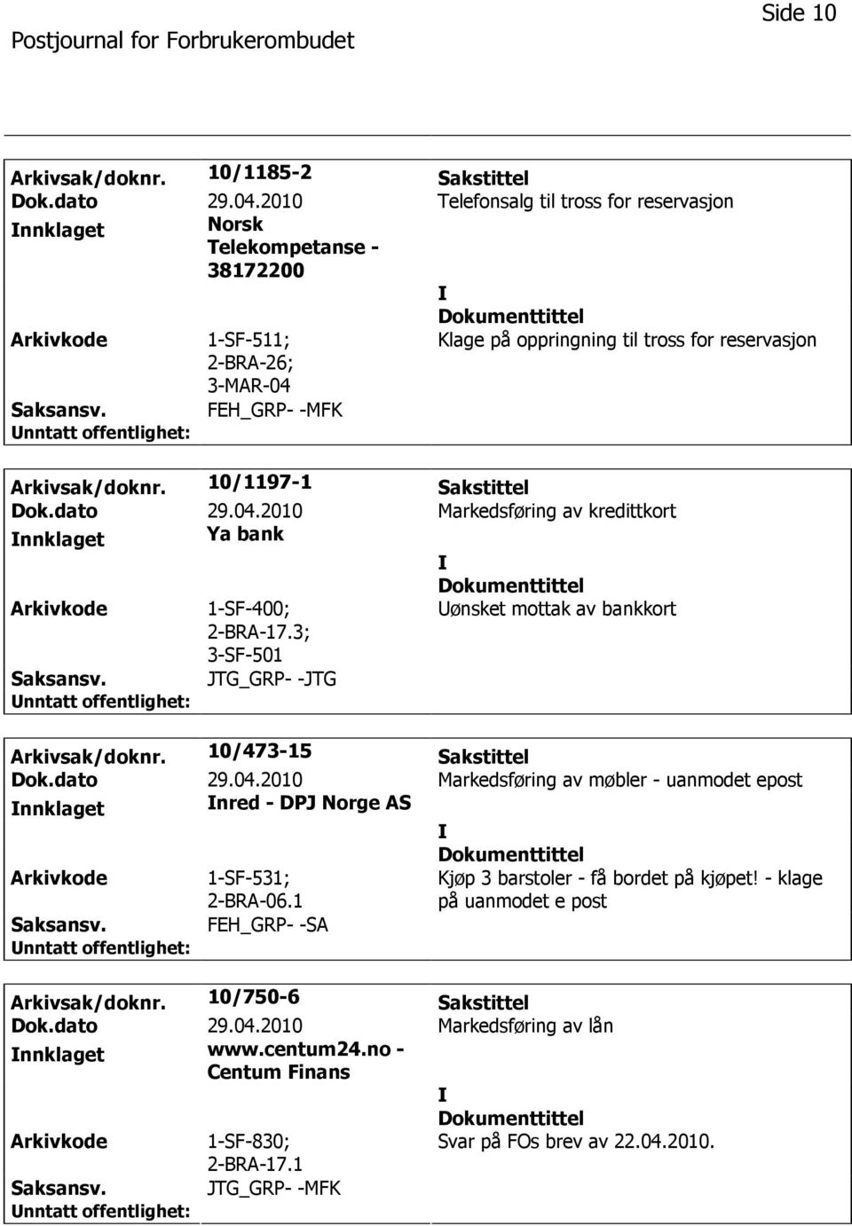 10/1197-1 Sakstittel Dok.dato 29.04.2010 Markedsføring av kredittkort nnklaget Ya bank 1-SF-400; 2-BRA-17.3; 3-SF-501 ønsket mottak av bankkort JTG_GRP- -JTG Arkivsak/doknr. 10/473-15 Sakstittel Dok.