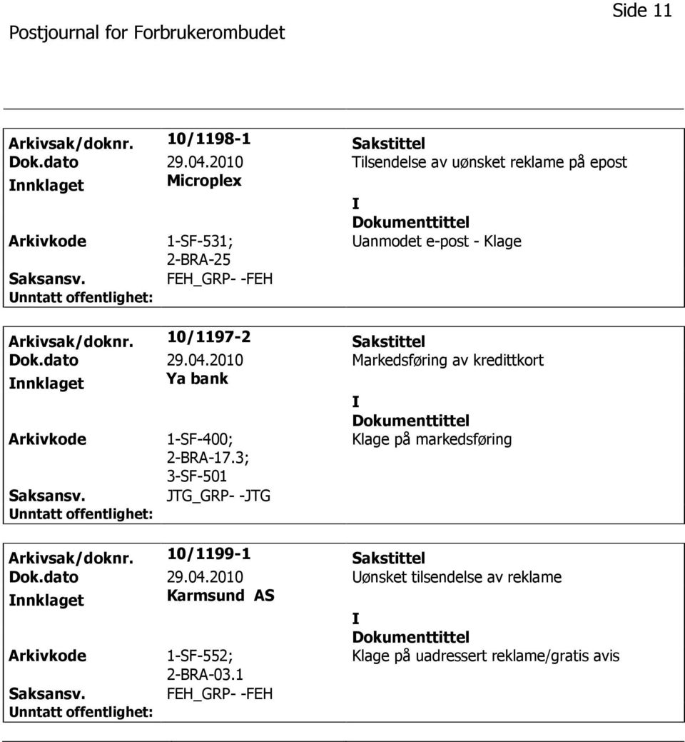 Arkivsak/doknr. 10/1197-2 Sakstittel Dok.dato 29.04.2010 Markedsføring av kredittkort nnklaget Ya bank 1-SF-400; 2-BRA-17.