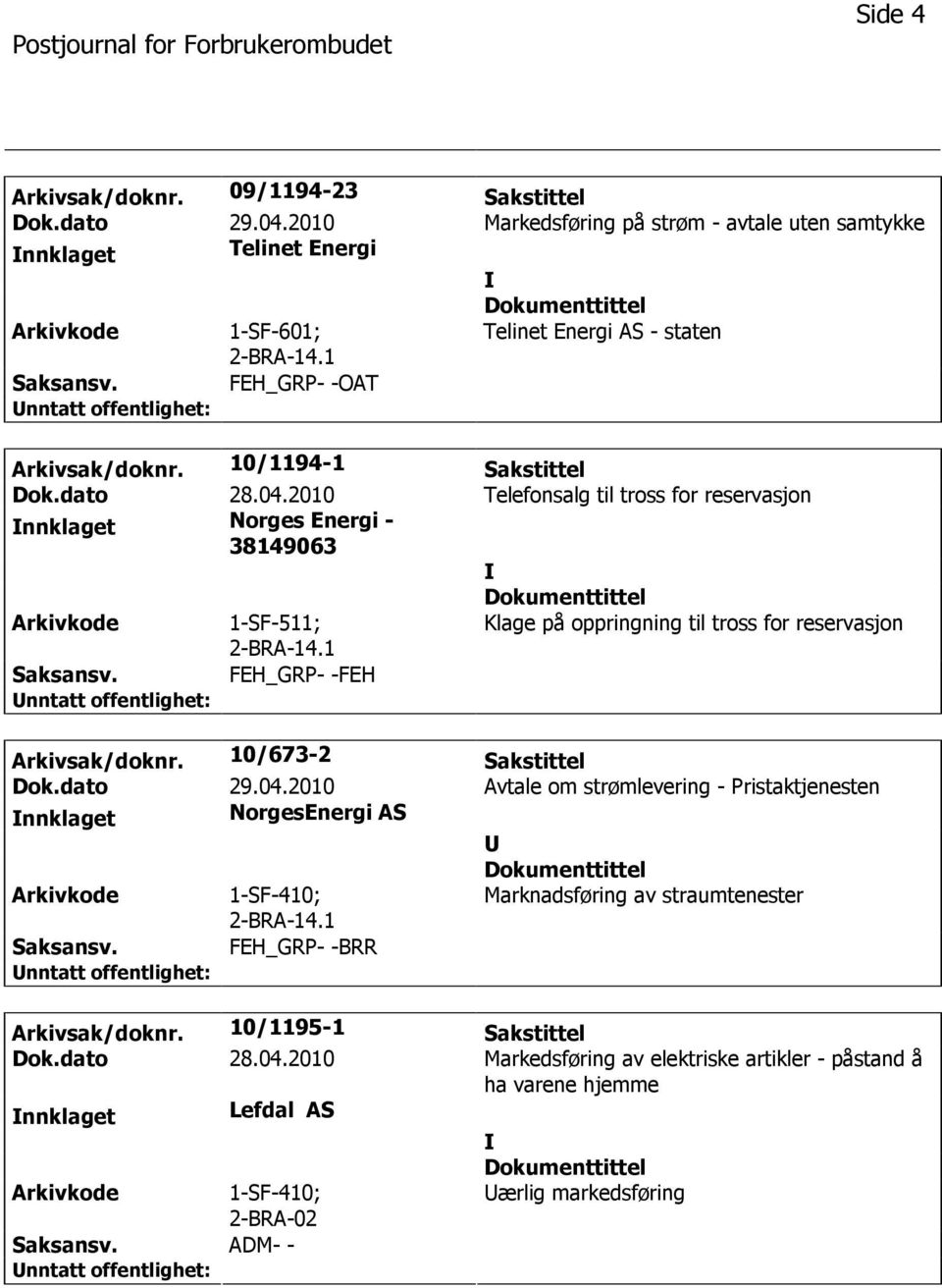 2010 Telefonsalg til tross for reservasjon nnklaget Norges Energi - 38149063 1-SF-511; Klage på oppringning til tross for reservasjon FEH_GRP- -FEH Arkivsak/doknr.