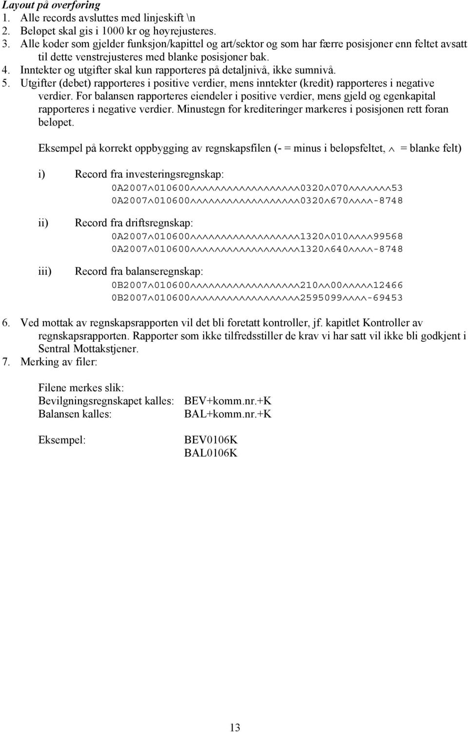 Inntekter og utgifter skal kun rapporteres på detaljnivå, ikke sumnivå. 5. Utgifter (debet) rapporteres i positive verdier, mens inntekter (kredit) rapporteres i negative verdier.