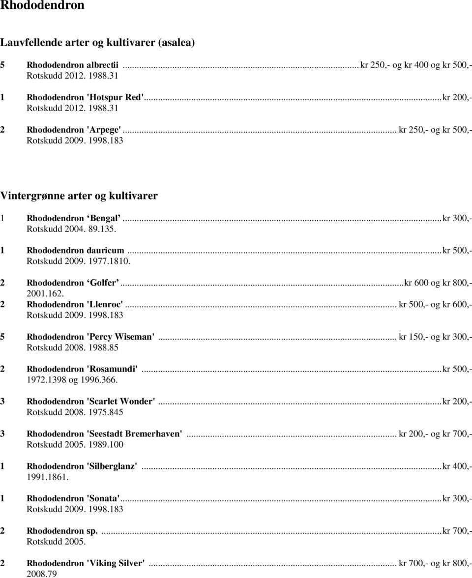 2 Rhododendron Golfer... kr 600 og kr 800,- 2001.162. 2 Rhododendron 'Llenroc'... kr 500,- og kr 600,- Rotskudd 2009. 1998.183 5 Rhododendron 'Percy Wiseman'... kr 150,- og kr 300,- Rotskudd 2008.