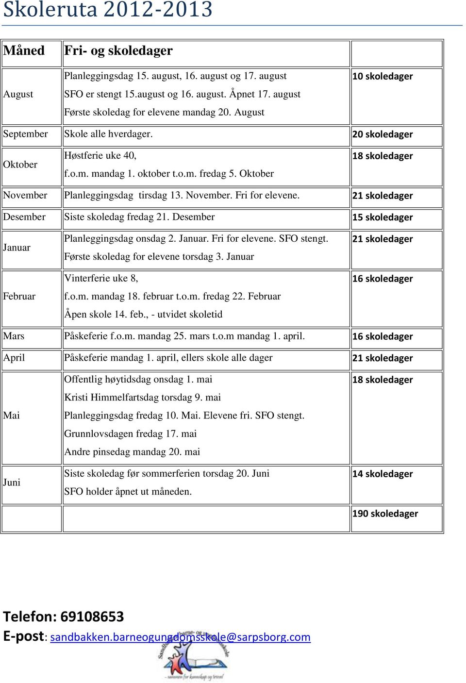 Oktober 18 skoledager November Planleggingsdag tirsdag 13. November. Fri for elevene. 21 skoledager Desember Siste skoledag fredag 21. Desember 15 skoledager Januar Februar Planleggingsdag onsdag 2.