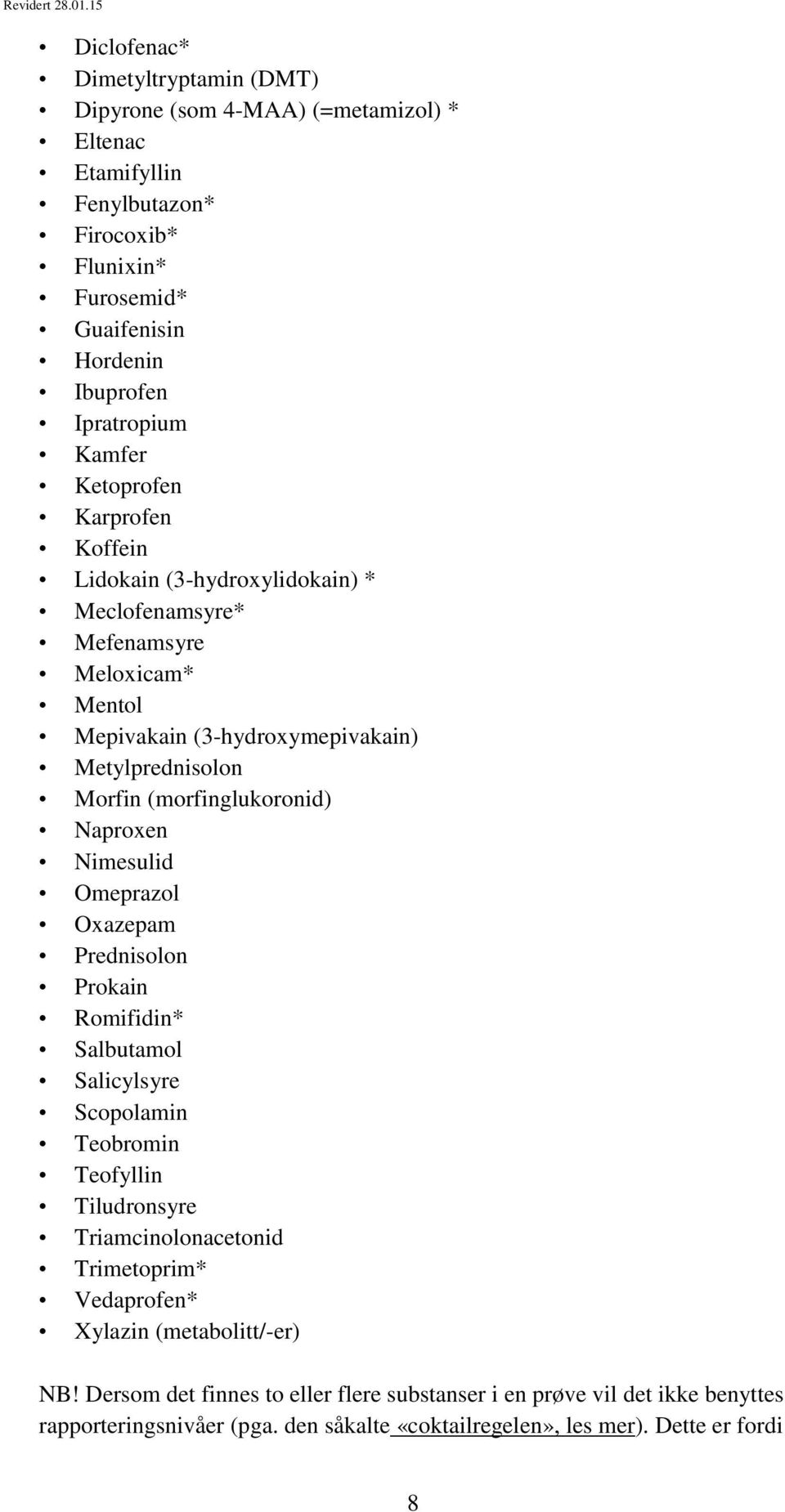 (morfinglukoronid) Naproxen Nimesulid Omeprazol Oxazepam Prednisolon Prokain Romifidin* Salbutamol Salicylsyre Scopolamin Teobromin Teofyllin Tiludronsyre Triamcinolonacetonid