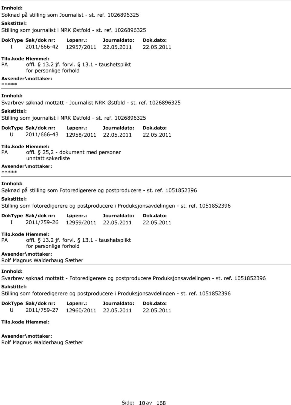 25,2 - dokument med personer unntatt søkerliste ***** Søknad på stilling som Fotoredigerere og postproducere - st. ref. 1051