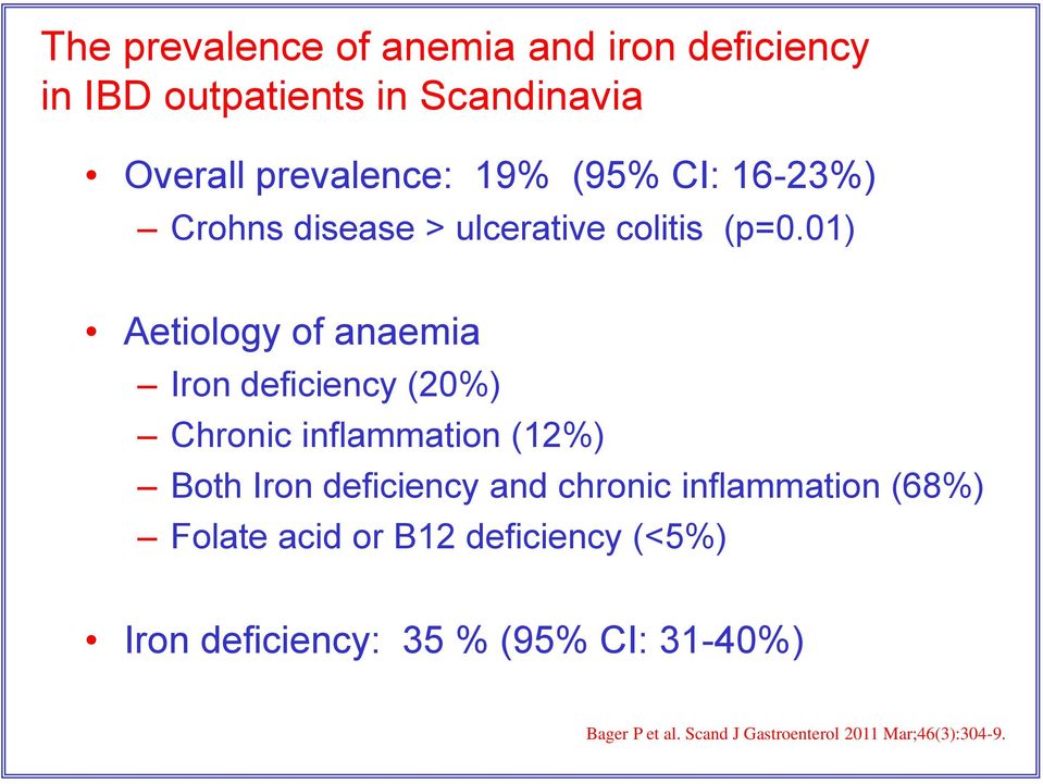 01) Aetiology of anaemia Iron deficiency (20%) Chronic inflammation (12%) Both Iron deficiency and