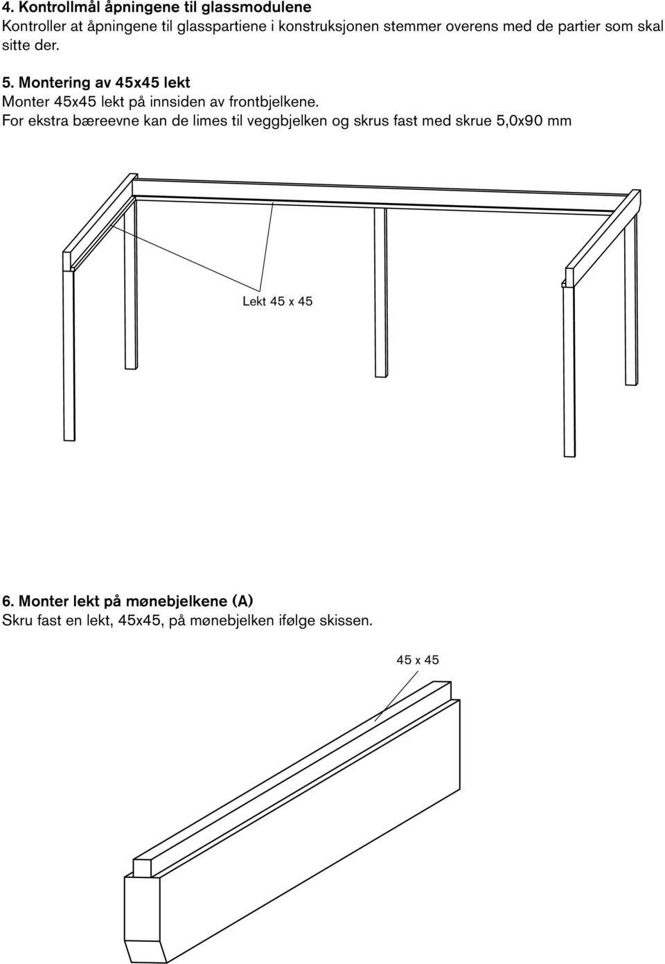 Montering av 45x45 lekt Monter 45x45 lekt på innsiden av frontbjelkene.