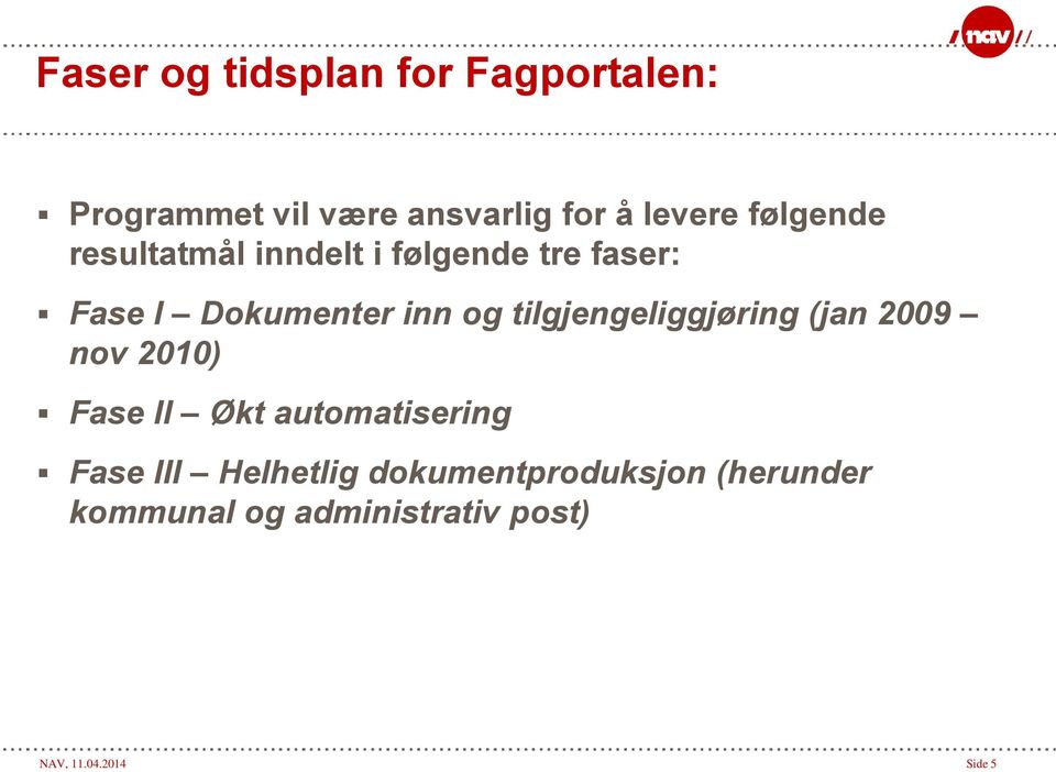 tilgjengeliggjøring (jan 2009 nov 2010) Fase II Økt automatisering Fase III