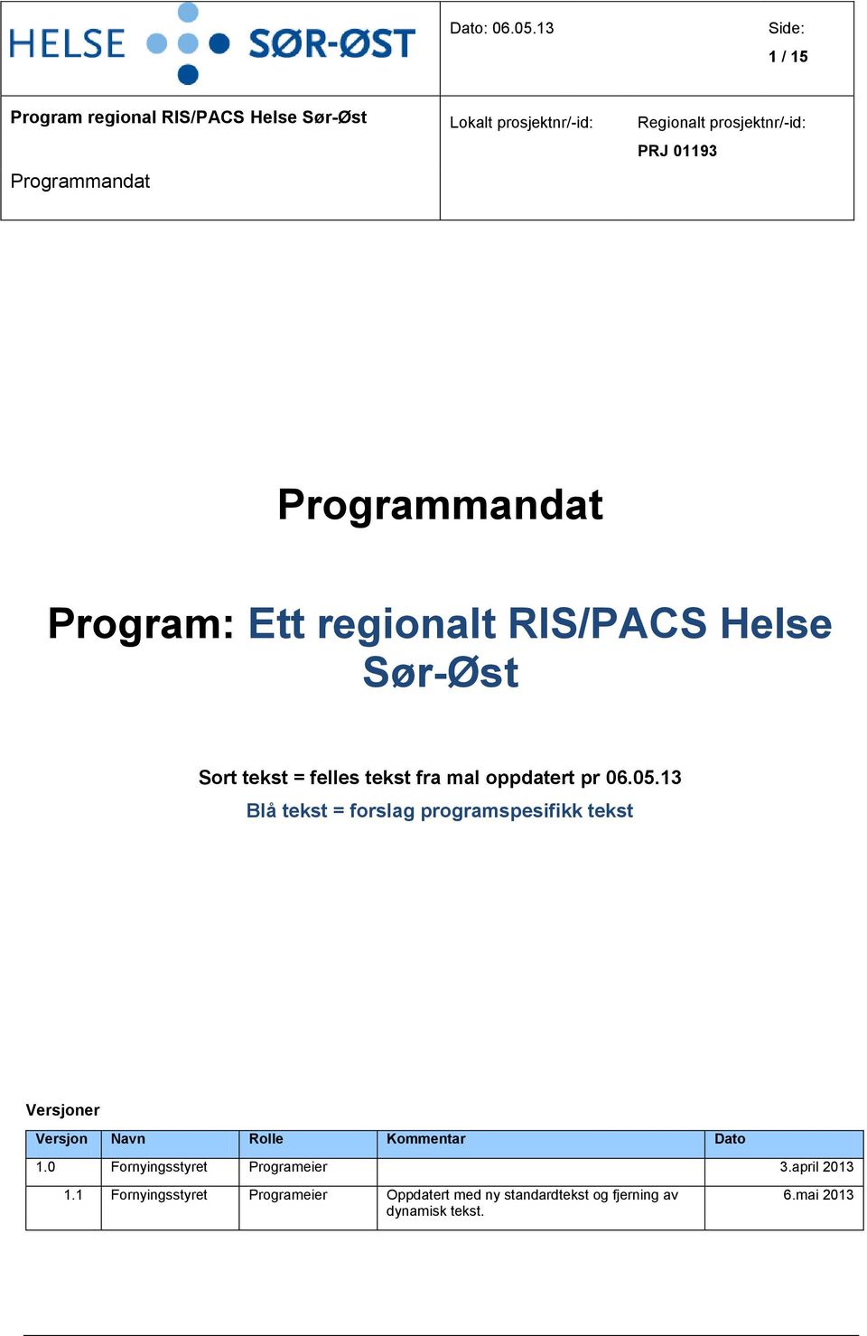 Prgrammandat Prgram: Ett reginalt RIS/PACS Helse Sør-Øst Srt tekst = felles tekst fra mal ppdatert pr 06.05.