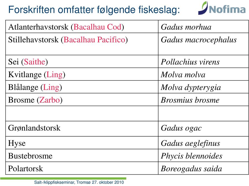 Blålange (Ling) Molva dypterygia yg Brosme (Zarbo) Brosmius brosme Grønlandstorsk Hyse Bustebrosme