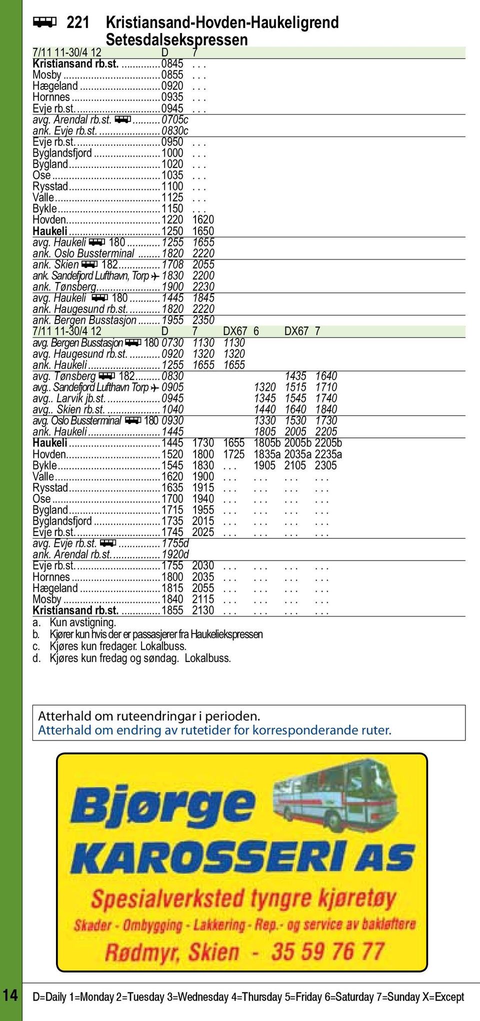 ..1250 1650 avg. Haukeli ÿ 180...1255 1655 ank. Oslo Bussterminal...1820 2220 ank. Skien ÿ 182...1708 2055 ank. Sandefjord Lufthavn, Torp ƒ.1830 2200 ank. Tønsberg...1900 2230 avg. Haukeli ÿ 180...1445 1845 ank.