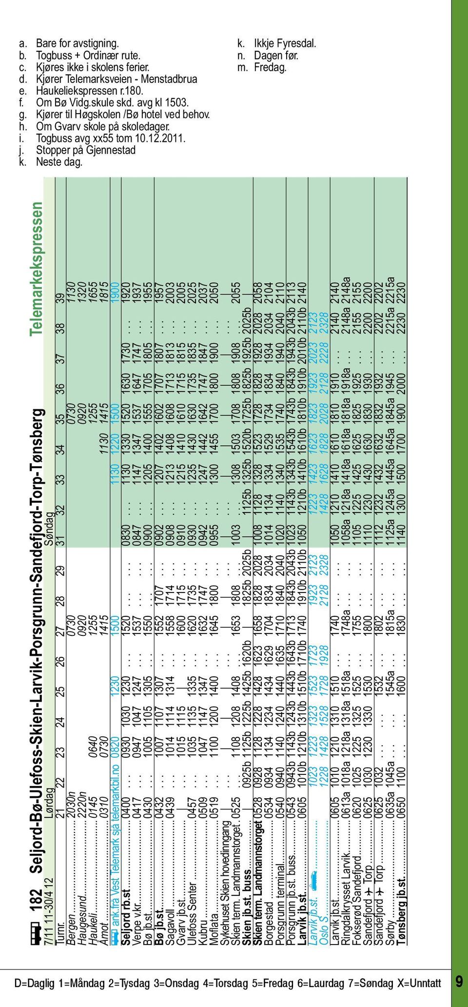 ÿ 182 Seljord-Bø-Ulefoss-Skien-Larvik-Porsgrunn-Sandefjord-Torp-Tønsberg Telemarkekspressen 7/11 11-30/4 12 Lørdag Søndag Turnr. 21 22 23 24 25 26 27 28 29 31 32 33 34 35 36 37 38 39 Bergen.