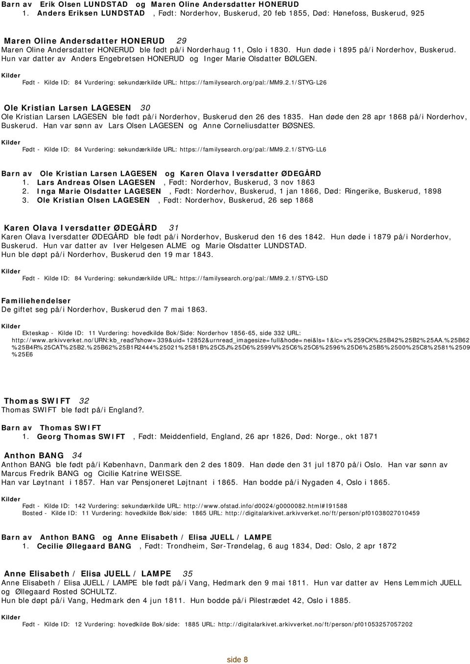 Hun døde i 1895 på/i Norderhov, Buskerud. Hun var datter av Anders Engebretsen HONERUD og Inger Marie Olsdatter BØLGEN. - 84 Vurdering: sekundærkilde URL: https://familysearch.org/pal:/mm9.2.