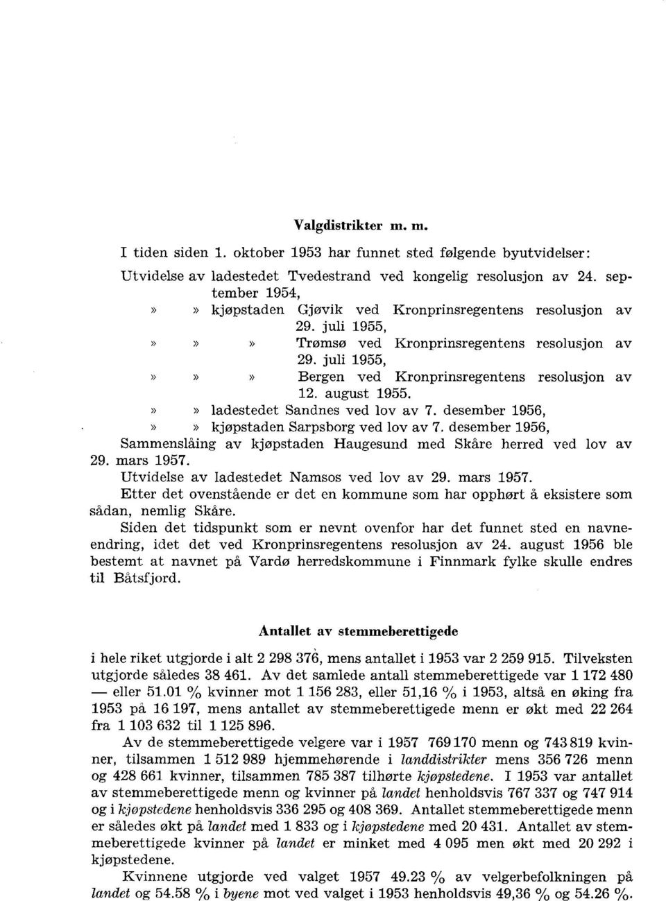 » ladestedet Sandnes ved lov av 7. desember 956,» kjøpstaden Sarpsborg ved lov av 7. desember 956, Sammenslåing av kjøpstaden Haugesund med Skåre herred ved lov av 9. mars 957.