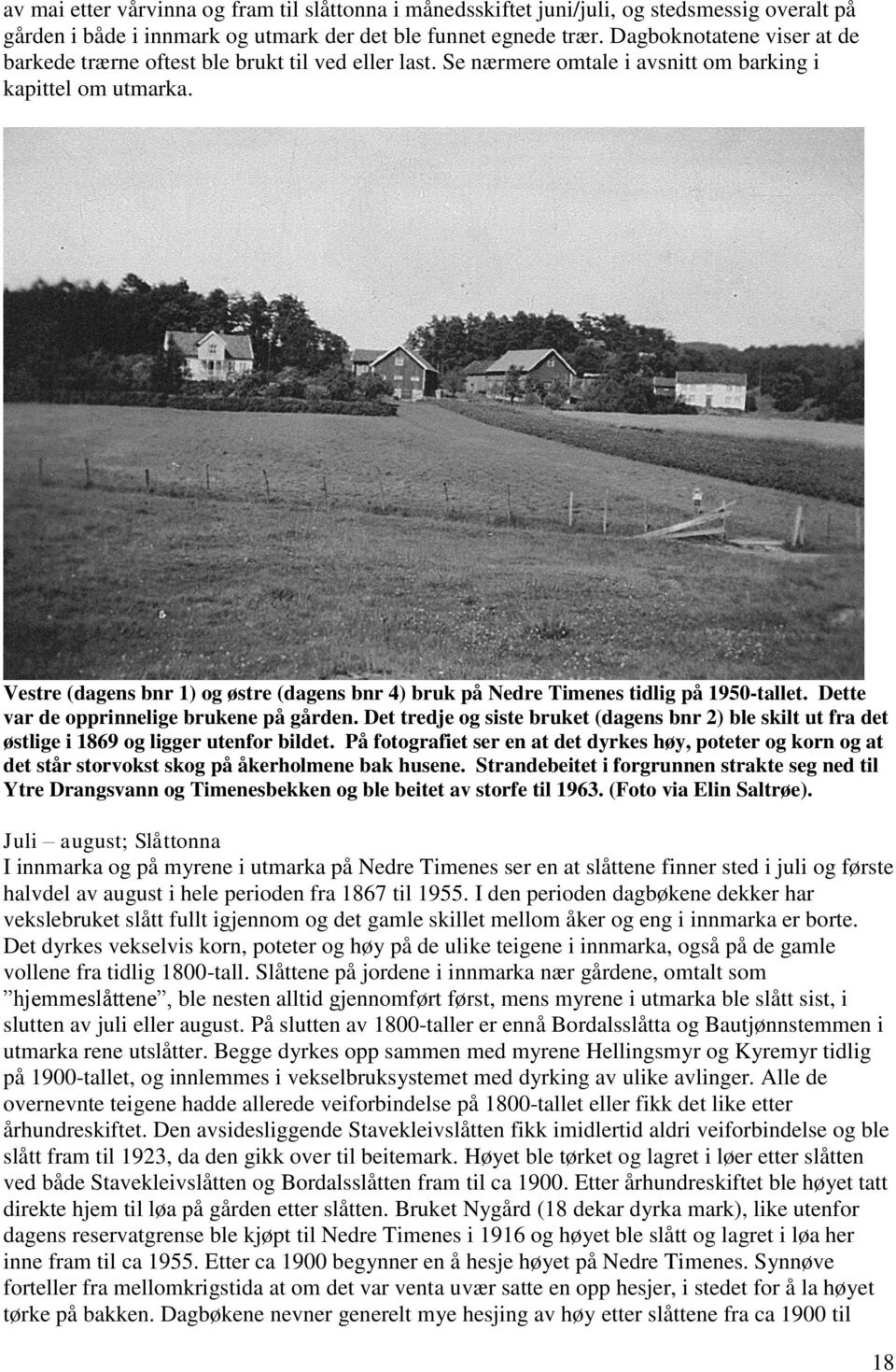 Vestre (dagens bnr 1) og østre (dagens bnr 4) bruk på Nedre Timenes tidlig på 1950-tallet. Dette var de opprinnelige brukene på gården.