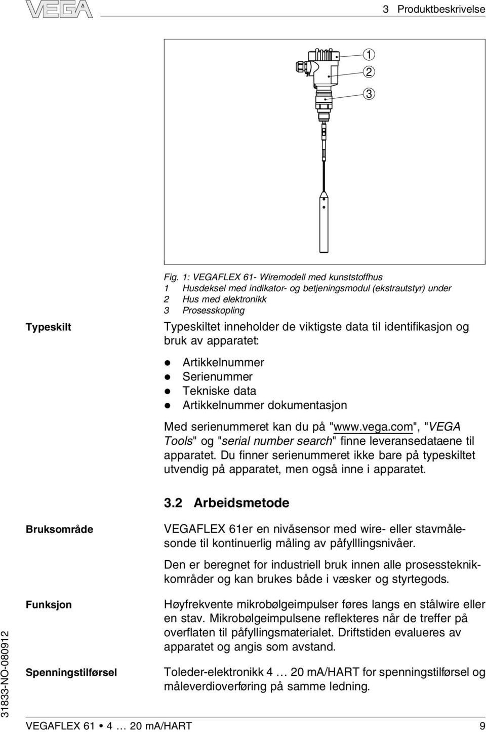 identifikasjon og bruk av apparatet: Artikkenummer Serienummer Tekniske data Artikkenummer dokumentasjon Med serienummeret kan du på "www.vega.