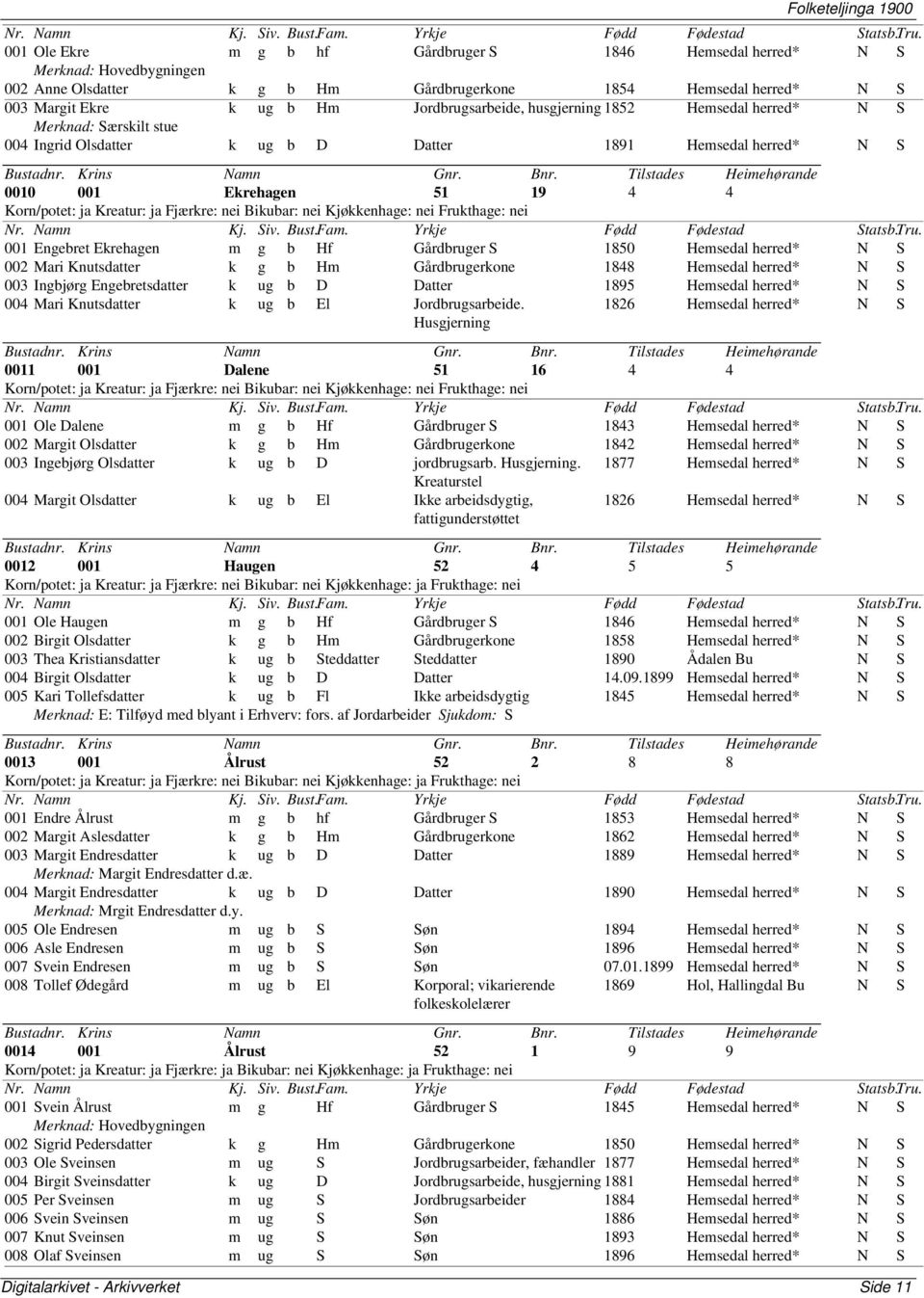 1850 Hemsedal N S 002 Mari Knutsdatter k g b Hm Gårdbrugerkone 1848 Hemsedal N S 003 Ingbjørg Engebretsdatter k ug b D Datter 1895 Hemsedal N S 004 Mari Knutsdatter k ug b El Jordbrugsarbeide.