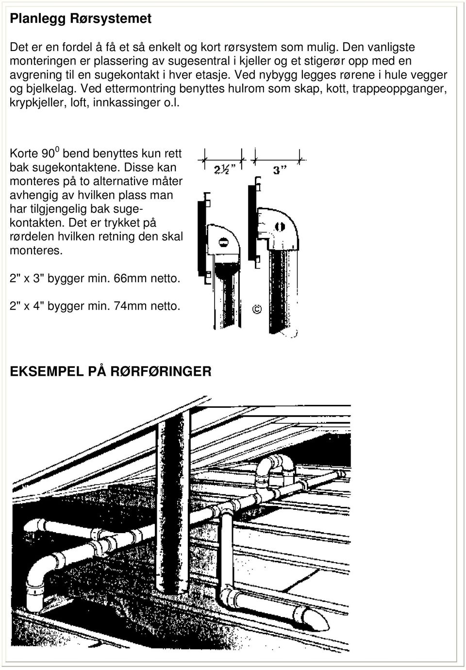 Ved nybygg legges rørene i hule vegger og bjelkelag. Ved ettermontring benyttes hulrom som skap, kott, trappeoppganger, krypkjeller, loft, innkassinger o.l. Korte 90 0 bend benyttes kun rett bak sugekontaktene.