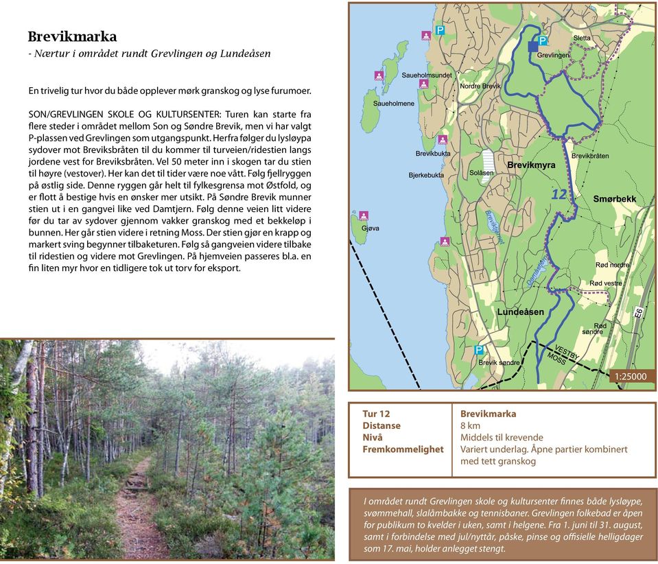 Herfra følger du lysløypa sydover mot Breviksbråten til du kommer til turveien/ridestien langs jordene vest for Breviksbråten. Vel 50 meter inn i skogen tar du stien til høyre (vestover).