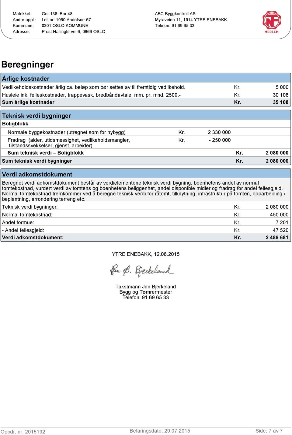 årlig ca. beløp som bør settes av til fremtidig vedlikehold. Kr. 5 000 Husleie ink. felleskostnader, trappevask, bredbåndavtale, mm. pr. mnd. 2509,- Kr. 30 108 Sum årlige kostnader Kr.