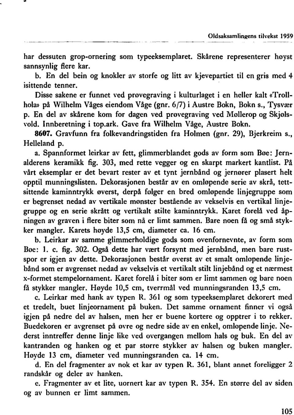 Disse sakene er funnet ved provegraving i kulturlaget i en heller kalt «TrollhoIaI) på Wilhelm Våges eiendom Våge (gnr. 6/7) i Austre Bokn, Bokn s., Tysvær p.