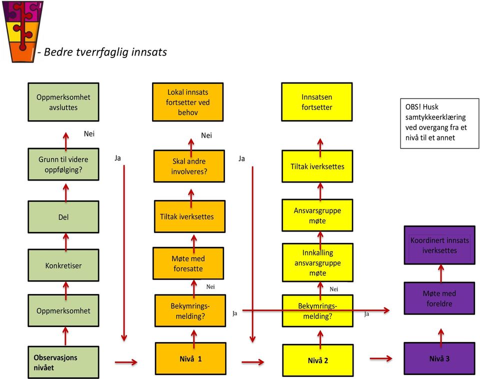 Husk samtykkeerklæring ved overgang fra et nivå til et annet Grunn til videre oppfølging? Skal andre involveres?