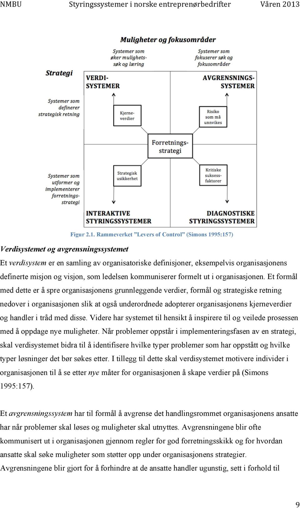 Rammeverket Levers of Control (Simons 1995:157) Verdisystemet og avgrensningssystemet Et verdisystem er en samling av organisatoriske definisjoner, eksempelvis organisasjonens definerte misjon og