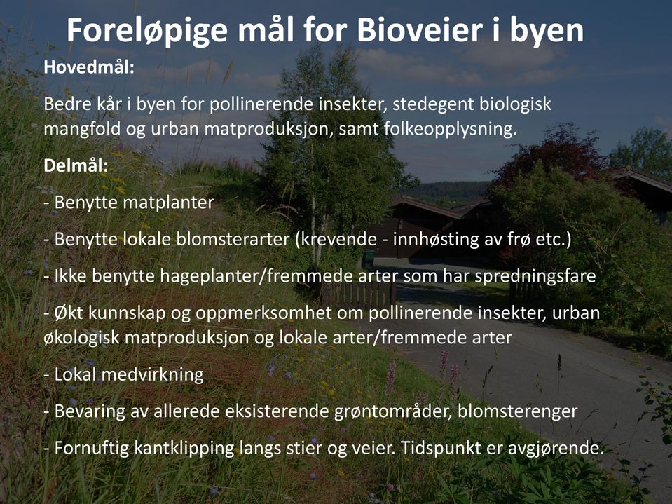 ) - Ikke benytte hageplanter/fremmede arter som har spredningsfare - Økt kunnskap og oppmerksomhet om pollinerende insekter, urban økologisk