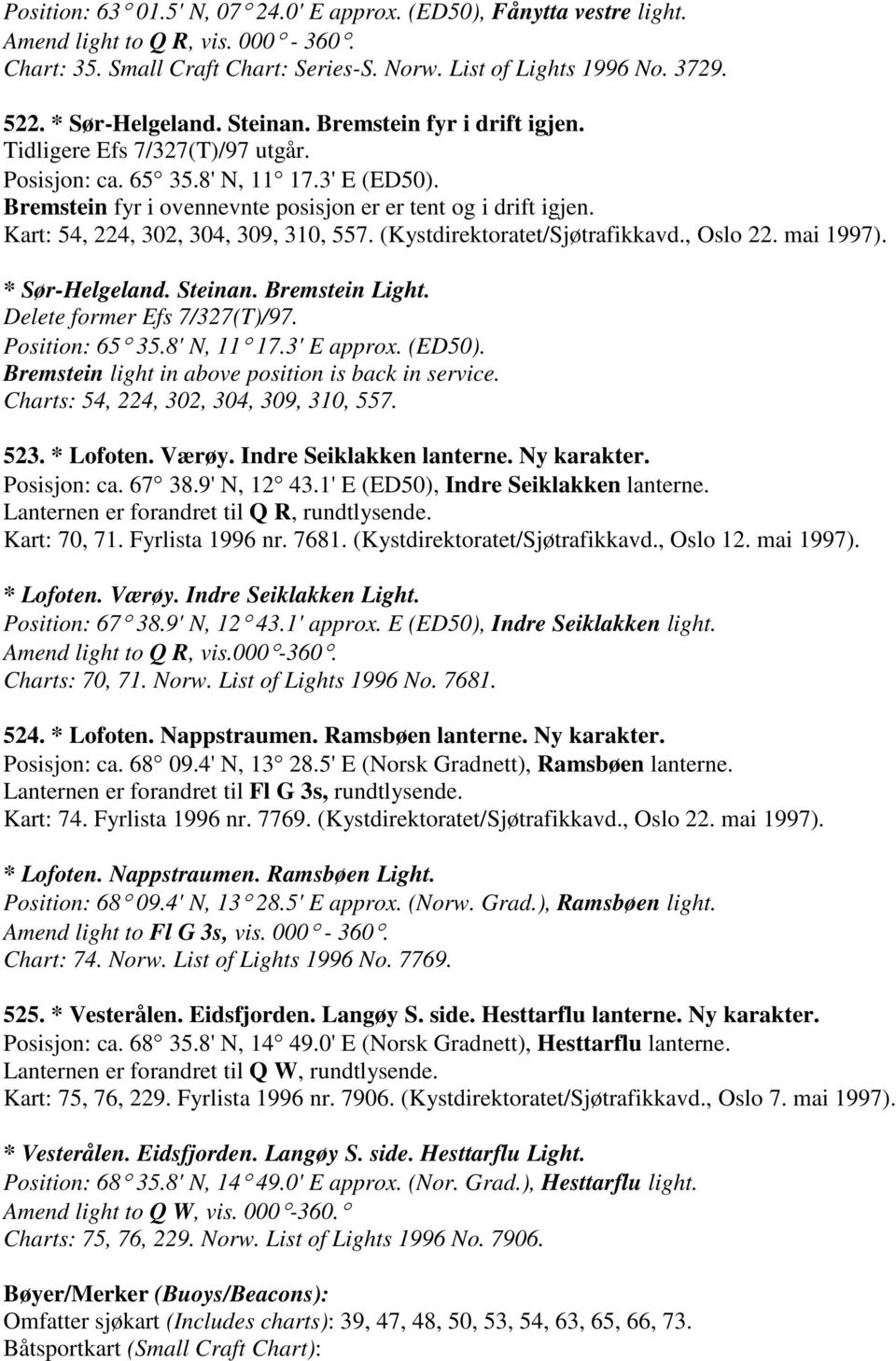 Kart: 54, 224, 302, 304, 309, 310, 557. (Kystdirektoratet/Sjøtrafikkavd., Oslo 22. mai 1997). * Sør-Helgeland. Steinan. Bremstein Light. Delete former Efs 7/327(T)/97. Position: 65 35.8' N, 11 17.