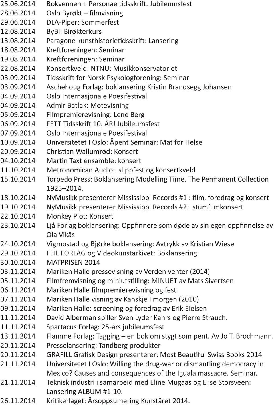 09.2014 Oslo Internasjonale Poesifestival 04.09.2014 Admir Batlak: Motevisning 05.09.2014 Filmpremierevisning: Lene Berg 06.09.2014 FETT Tidsskrift 10. ÅR! Jubileumsfest 07.09.2014 Oslo Internasjonale Poesifestival 10.