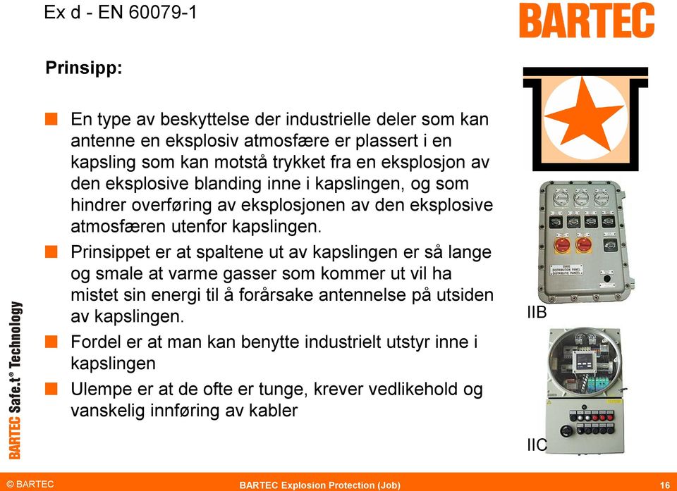 Prinsippet er at spaltene ut av kapslingen er så lange og smale at varme gasser som kommer ut vil ha mistet sin energi til å forårsake antennelse på utsiden av