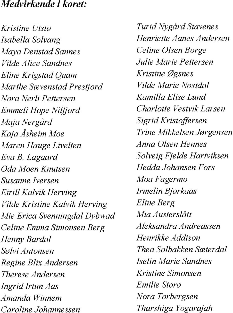 Lagaard Oda Moen Knutsen Susanne Iversen Eirill Kalvik Herving Vilde Kristine Kalvik Herving Mie Erica Svenningdal Dybwad Celine Emma Simonsen Berg Henny Bardal Sølvi Antonsen Regine Blix Andersen