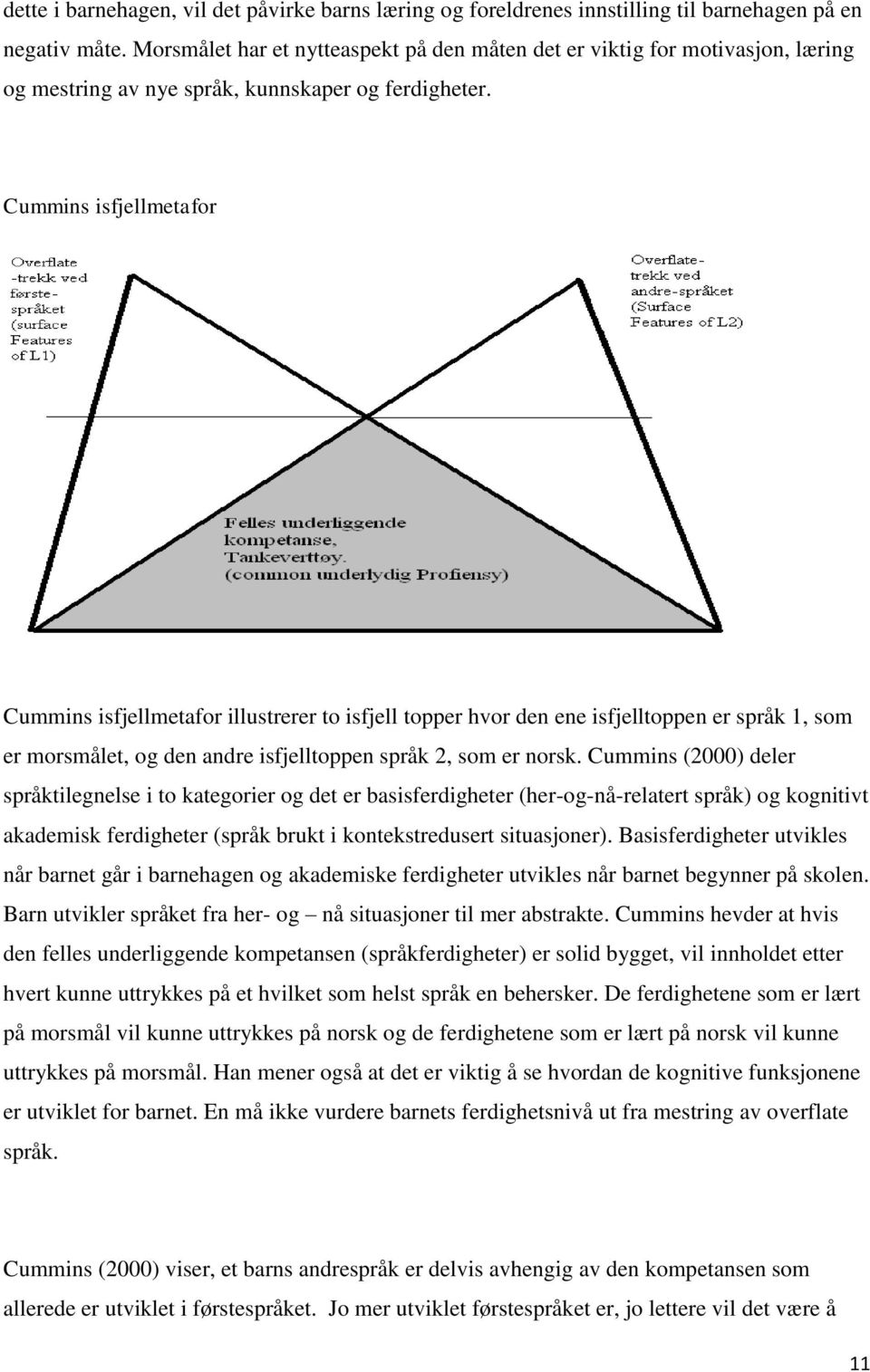 Cummins isfjellmetafor Cummins isfjellmetafor illustrerer to isfjell topper hvor den ene isfjelltoppen er språk 1, som er morsmålet, og den andre isfjelltoppen språk 2, som er norsk.