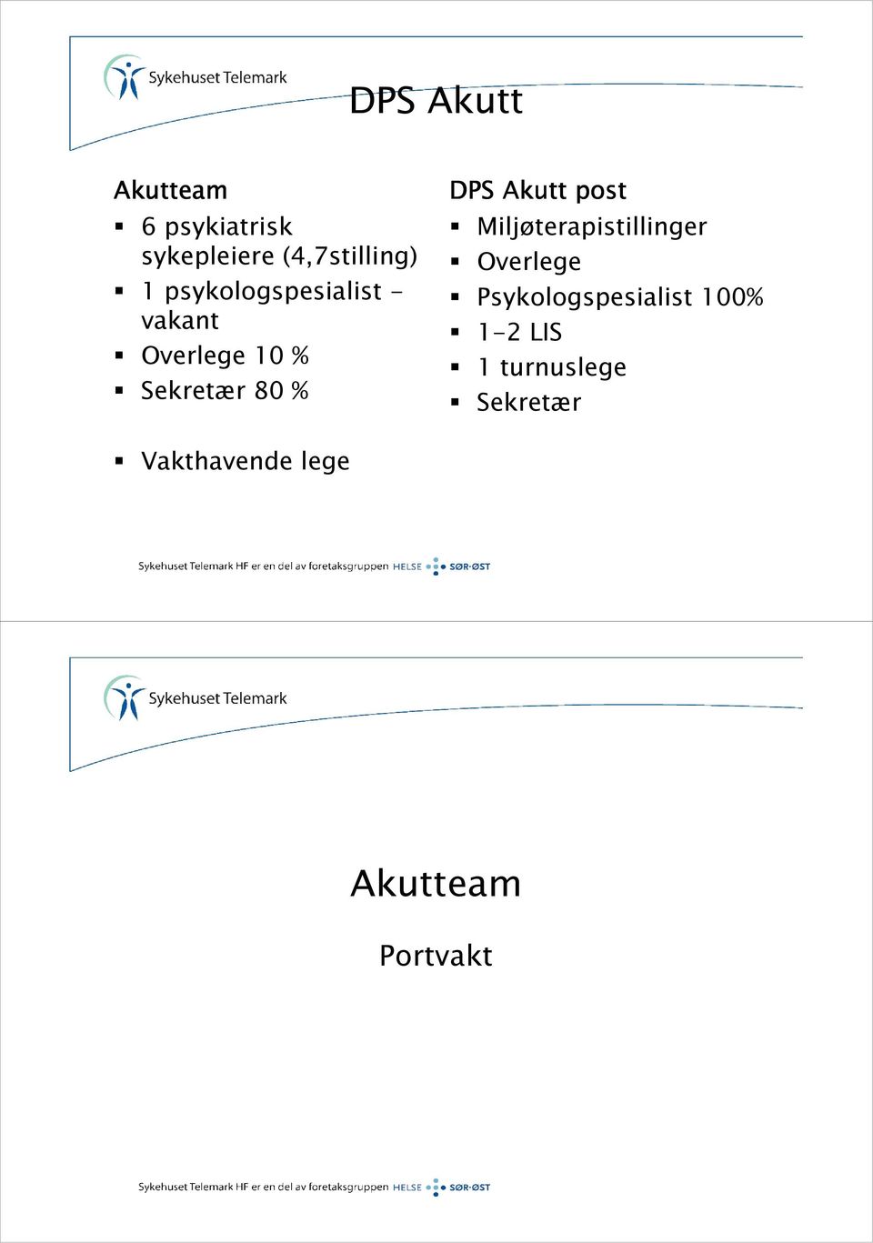 Akutt post Miljøterapistillinger Overlege Psykologspesialist