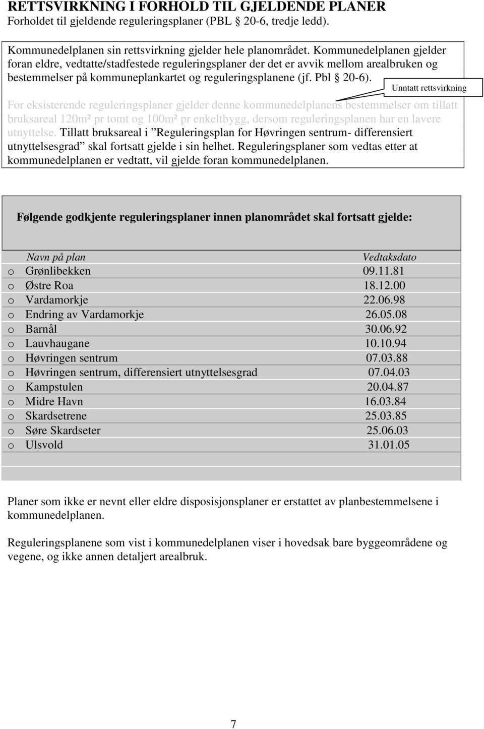 Unntatt rettsvirkning For eksisterende reguleringsplaner gjelder denne kommunedelplanens bestemmelser om tillatt bruksareal 120m² pr tomt og 100m² pr enkeltbygg, dersom reguleringsplanen har en