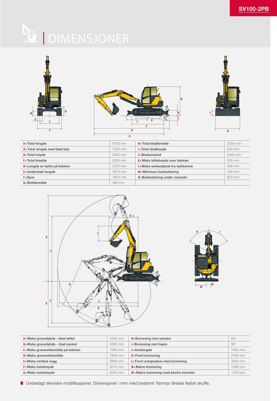 bakkeklaring 450 mm F» Spor 1870 mm N» Bakkeklaring under motvekt 820 mm G» Beltebredde 485 mm K-L H J G I F B A E M M C D A» Maks gravedybde - blad løftet 4330 mm H» Bomsving mot venstre 60 B» Maks