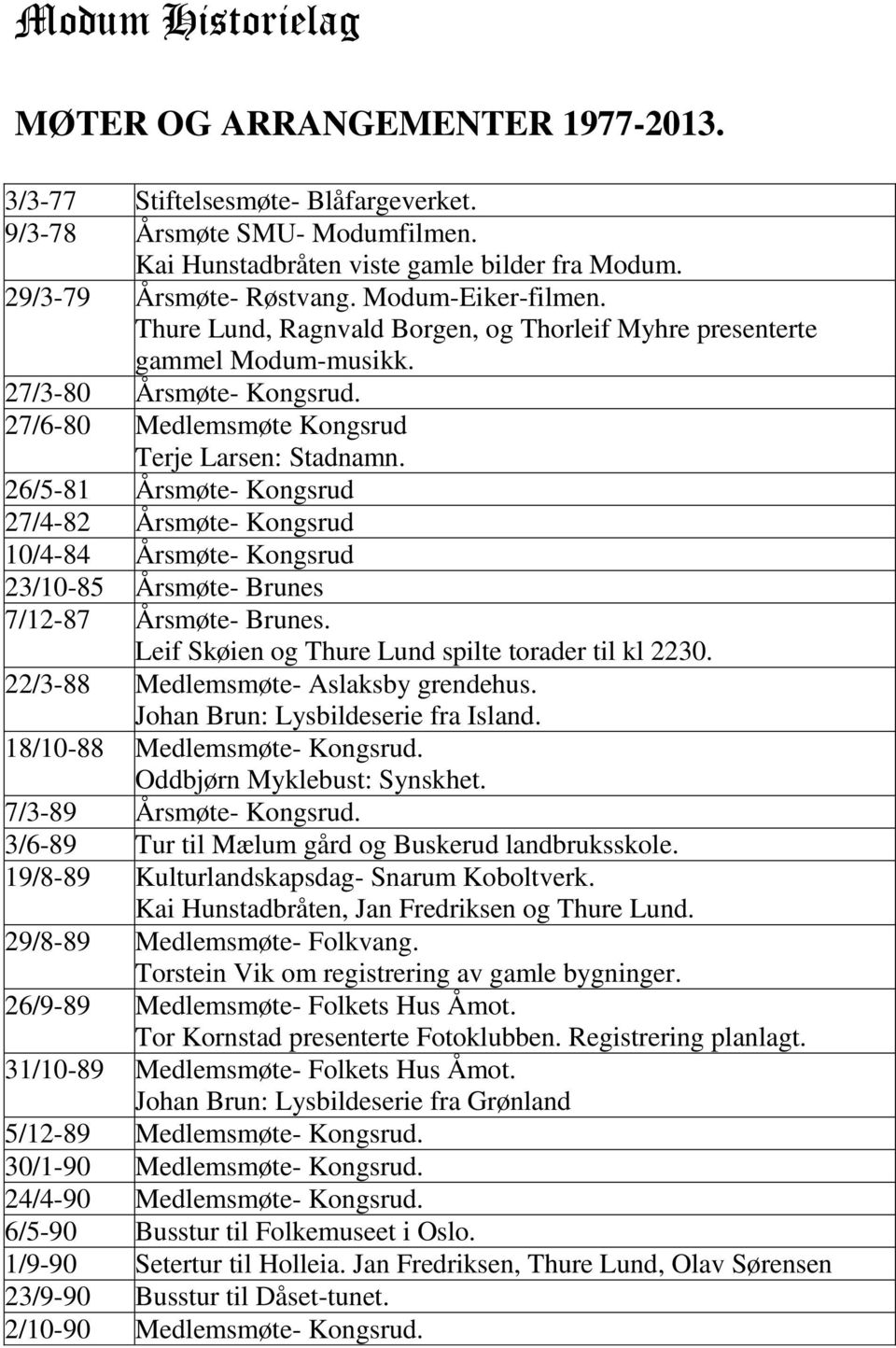 26/5-81 Årsmøte- Kongsrud 27/4-82 Årsmøte- Kongsrud 10/4-84 Årsmøte- Kongsrud 23/10-85 Årsmøte- Brunes 7/12-87 Årsmøte- Brunes. Leif Skøien og Thure Lund spilte torader til kl 2230.