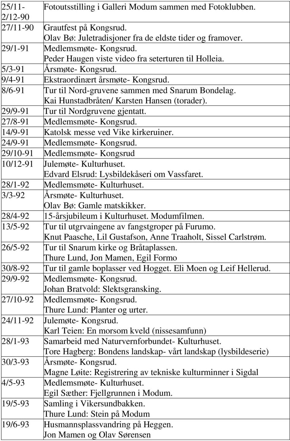 Kai Hunstadbråten/ Karsten Hansen (torader). 29/9-91 Tur til Nordgruvene gjentatt. 27/8-91 Medlemsmøte- Kongsrud. 14/9-91 Katolsk messe ved Vike kirkeruiner. 24/9-91 Medlemsmøte- Kongsrud.
