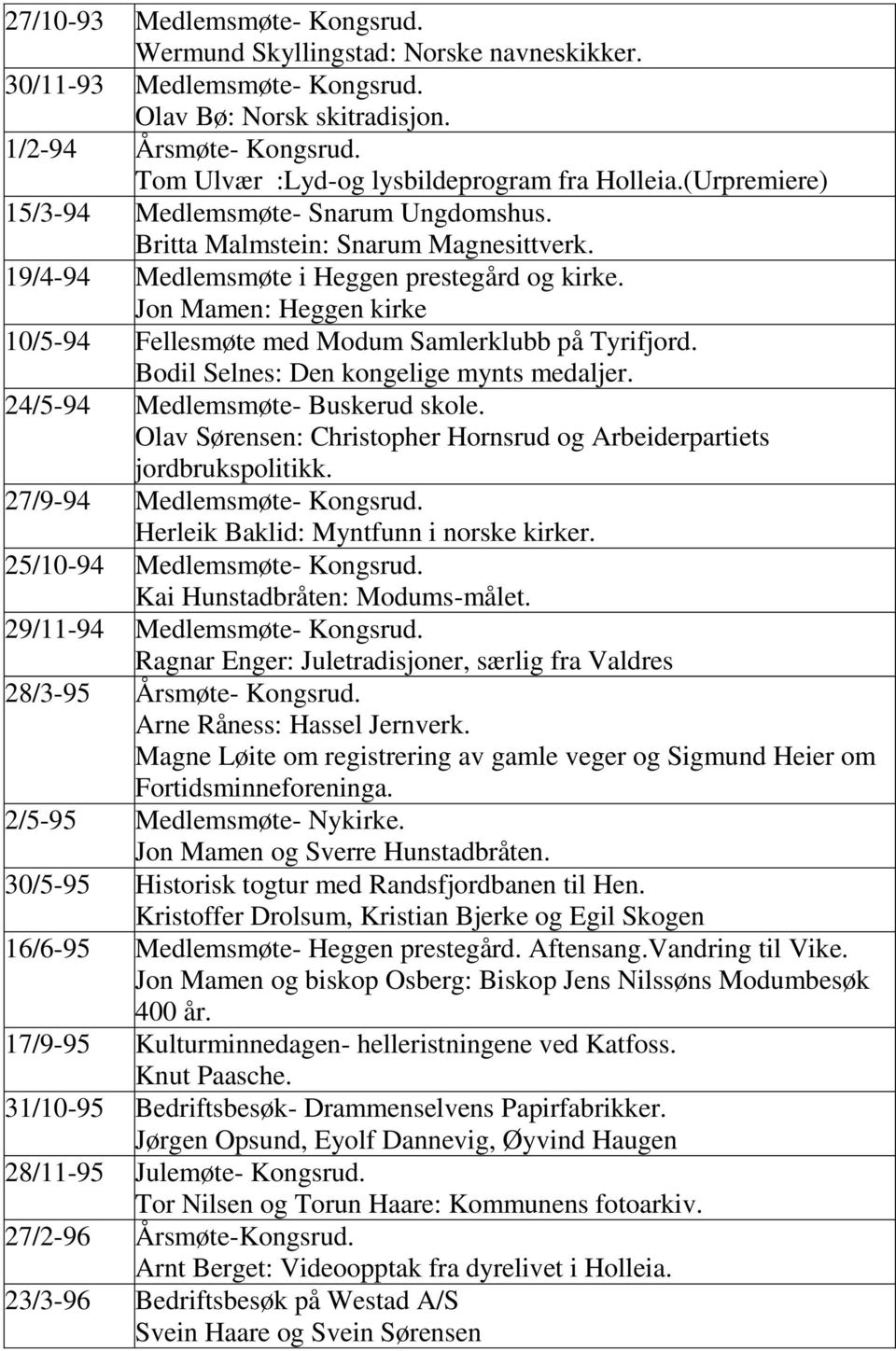 Jon Mamen: Heggen kirke 10/5-94 Fellesmøte med Modum Samlerklubb på Tyrifjord. Bodil Selnes: Den kongelige mynts medaljer. 24/5-94 Medlemsmøte- Buskerud skole.